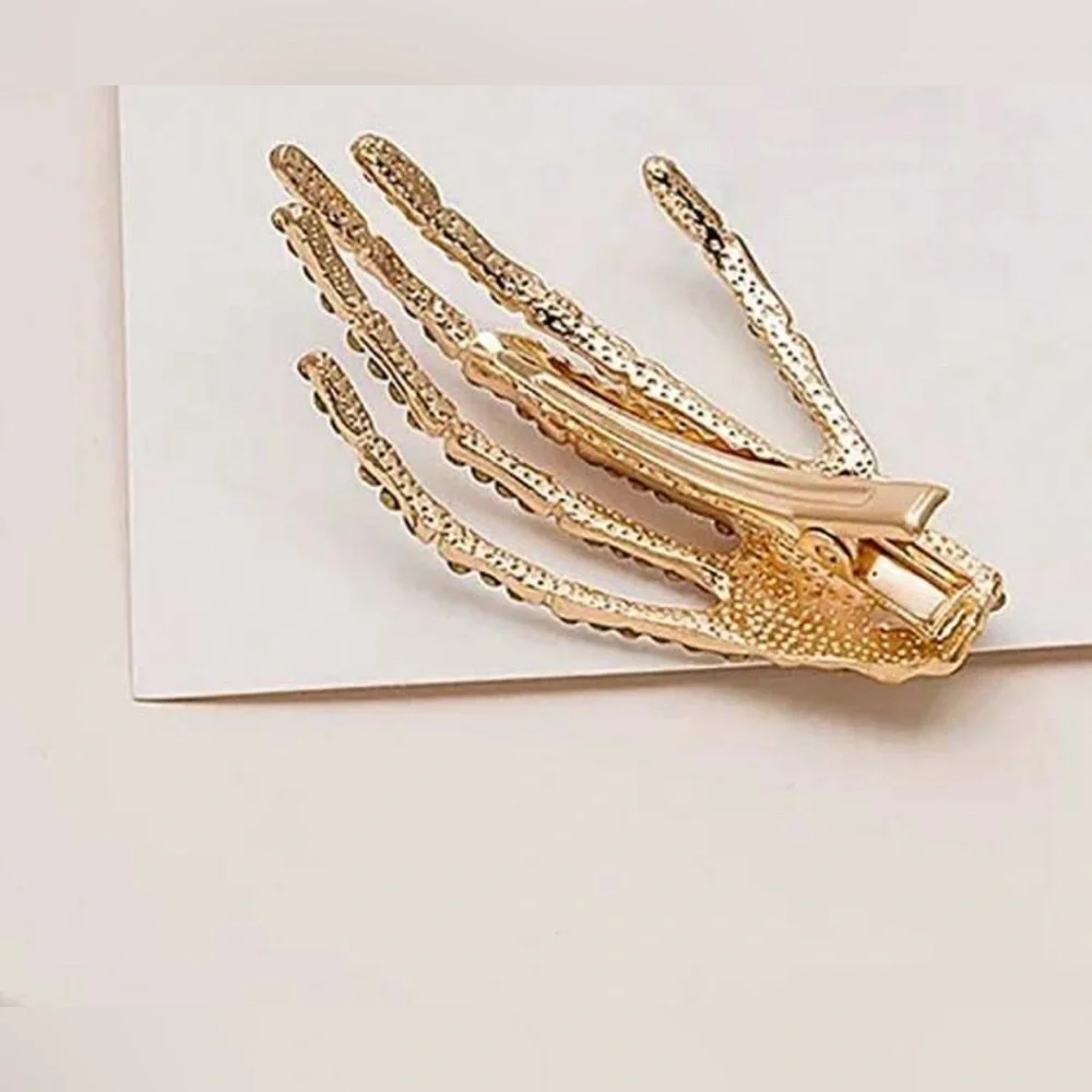 Skeleton hands Halloween hair clips rhinestone studded gold​​ Red Nail New x2